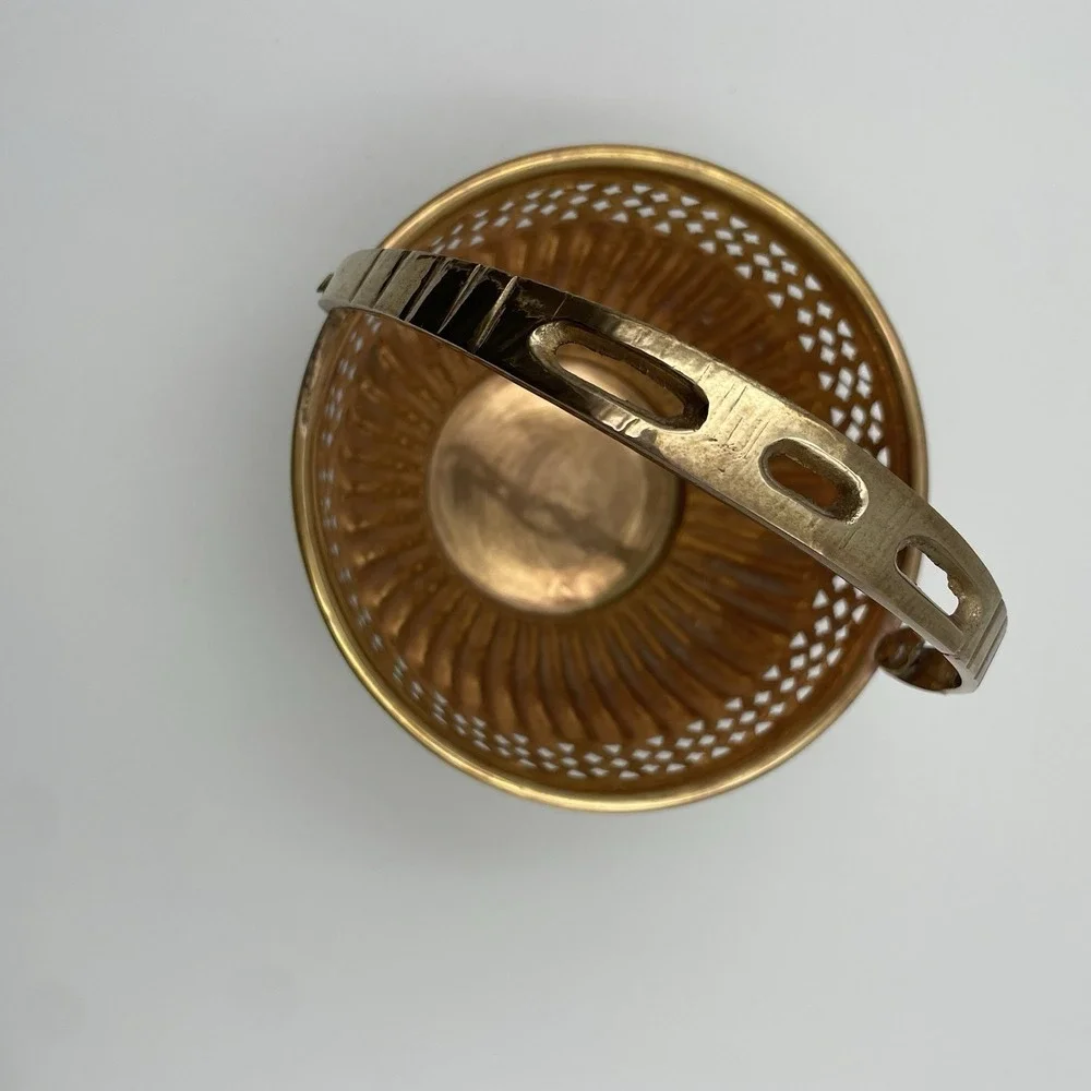 Vintage Cottagecore Brass Basket With Moveable Handle‎ Round With Cut Out Design